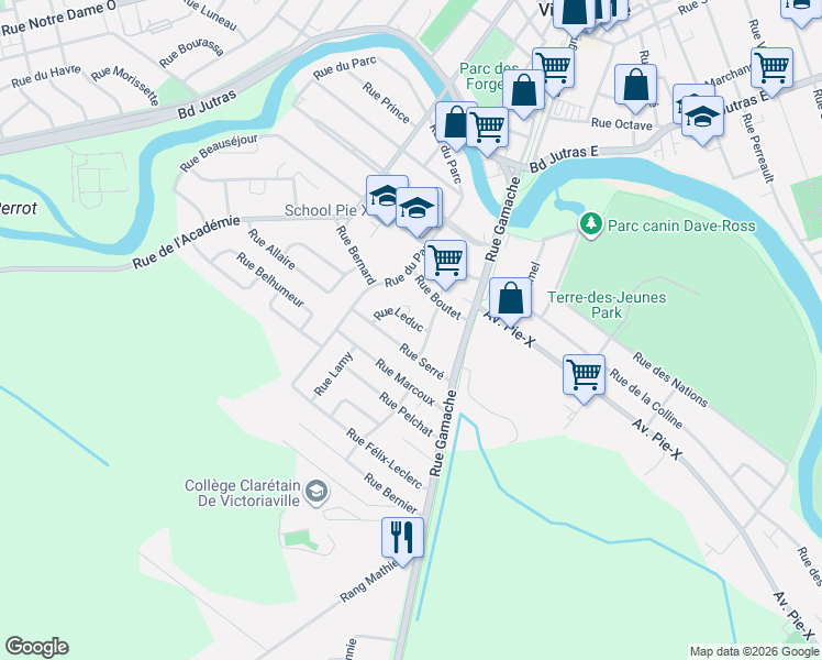 map of restaurants, bars, coffee shops, grocery stores, and more near 4 Rue Leduc in Victoriaville