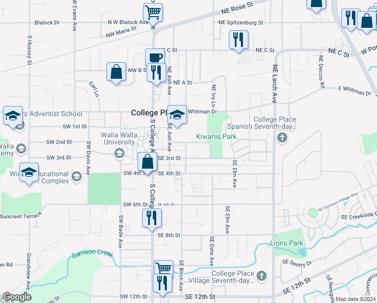 map of restaurants, bars, coffee shops, grocery stores, and more near 133 Southeast 3rd Street in College Place