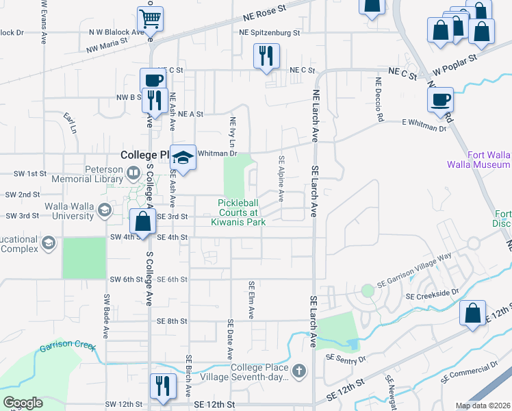 map of restaurants, bars, coffee shops, grocery stores, and more near 225 Southeast California Avenue in College Place