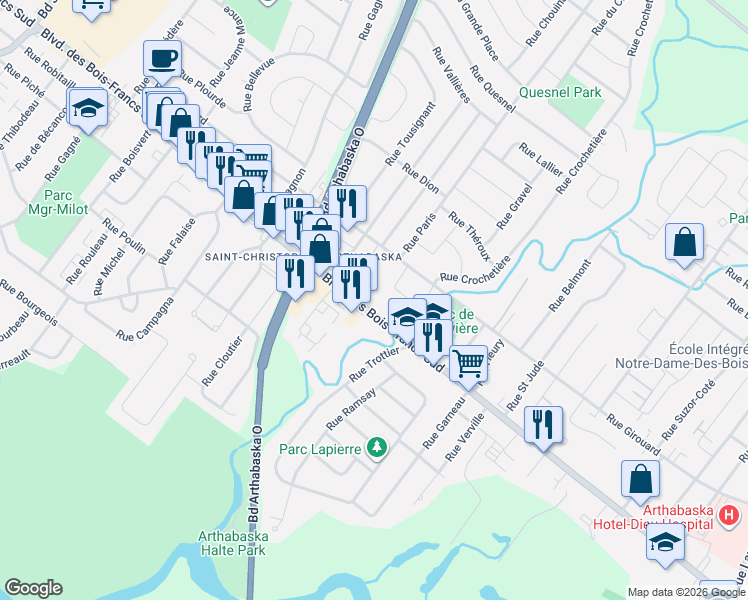 map of restaurants, bars, coffee shops, grocery stores, and more near 644 A Boulevard des Bois Francs Sud in Victoriaville