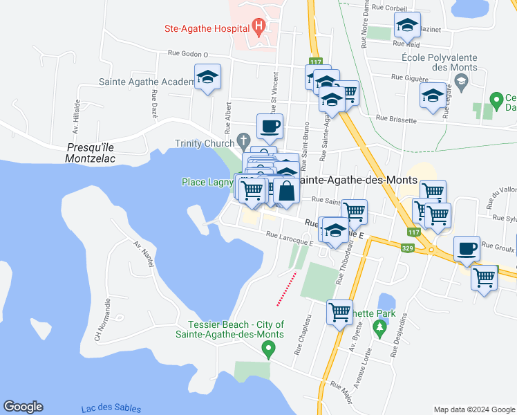 map of restaurants, bars, coffee shops, grocery stores, and more near 6 Rue Principale Ouest in Sainte-Agathe-des-Monts