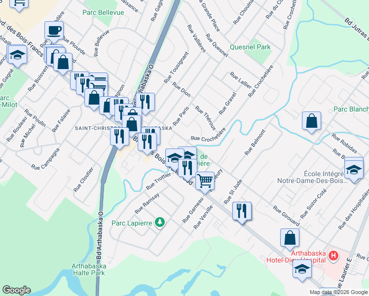 map of restaurants, bars, coffee shops, grocery stores, and more near 103 Carr Charles Beauchesne in Victoriaville