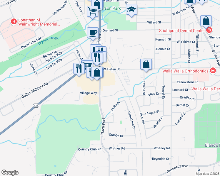 map of restaurants, bars, coffee shops, grocery stores, and more near 1809 Plaza Way in Walla Walla