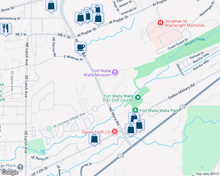 map of restaurants, bars, coffee shops, grocery stores, and more near 755 Northeast Myra Road in Walla Walla
