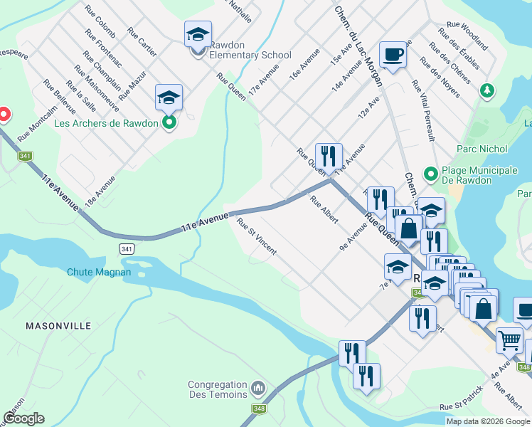 map of restaurants, bars, coffee shops, grocery stores, and more near 3150 11e Av in Rawdon
