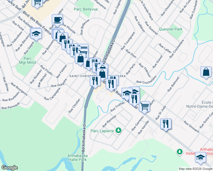 map of restaurants, bars, coffee shops, grocery stores, and more near 635 Boulevard des Bois Francs Sud in Victoriaville