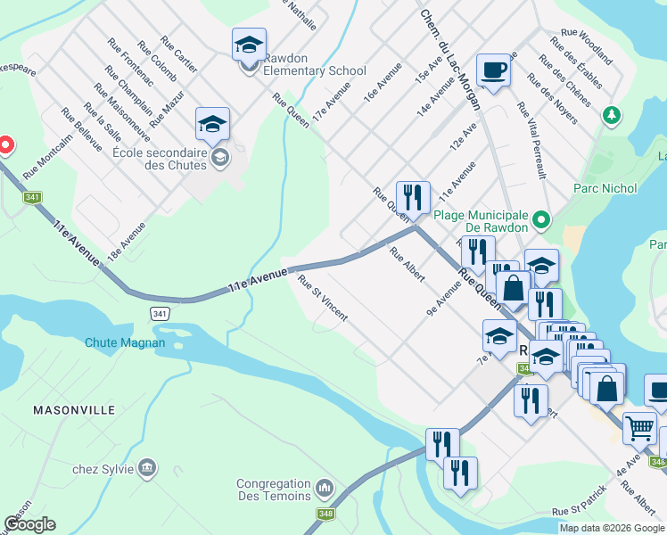 map of restaurants, bars, coffee shops, grocery stores, and more near 3150 11e Av in Rawdon