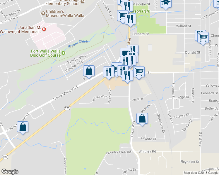 map of restaurants, bars, coffee shops, grocery stores, and more near 1705 Fairway Drive in Walla Walla