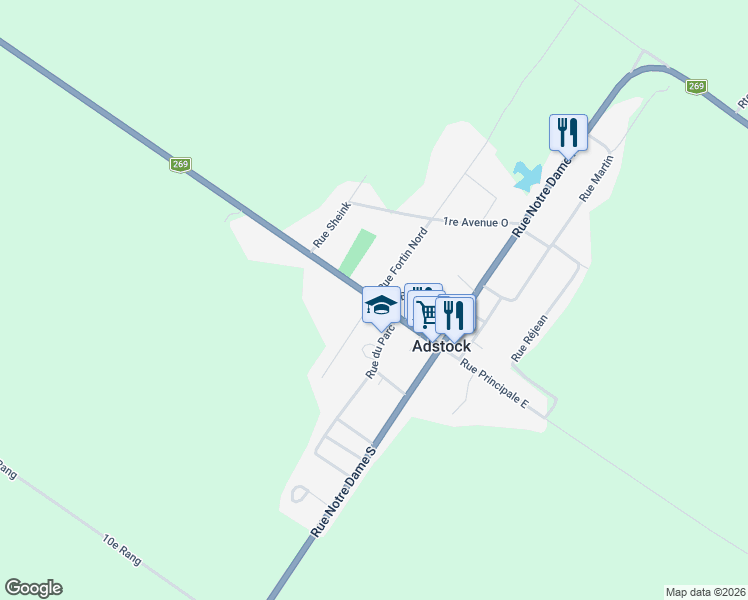 map of restaurants, bars, coffee shops, grocery stores, and more near Rue Fortin Sud in Adstock