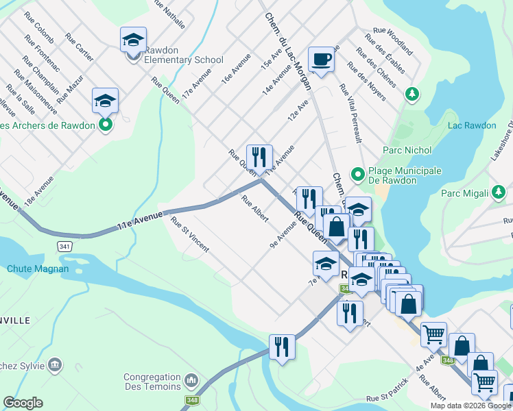 map of restaurants, bars, coffee shops, grocery stores, and more near 3892 Rue Albert in Rawdon