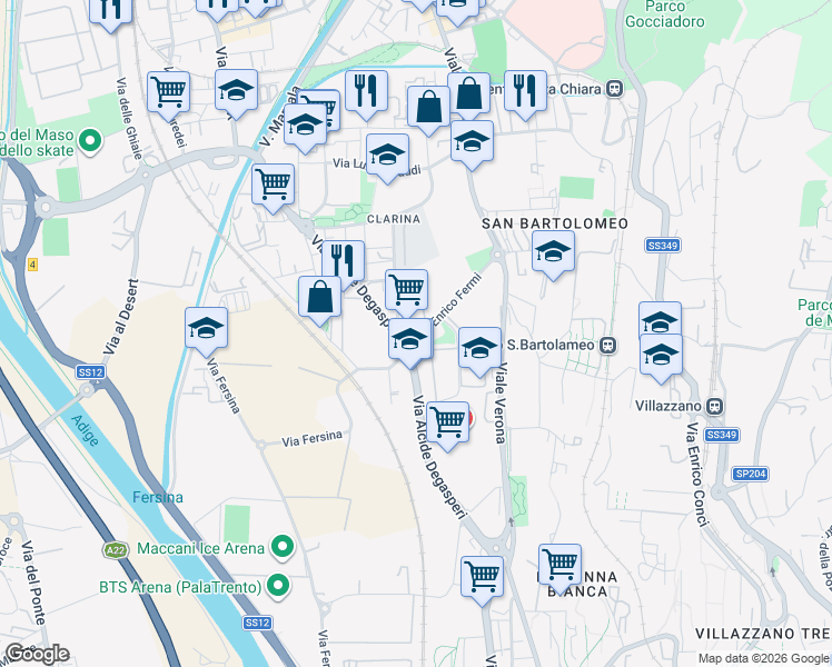 map of restaurants, bars, coffee shops, grocery stores, and more near 25 Via Enrico Fermi in Trento