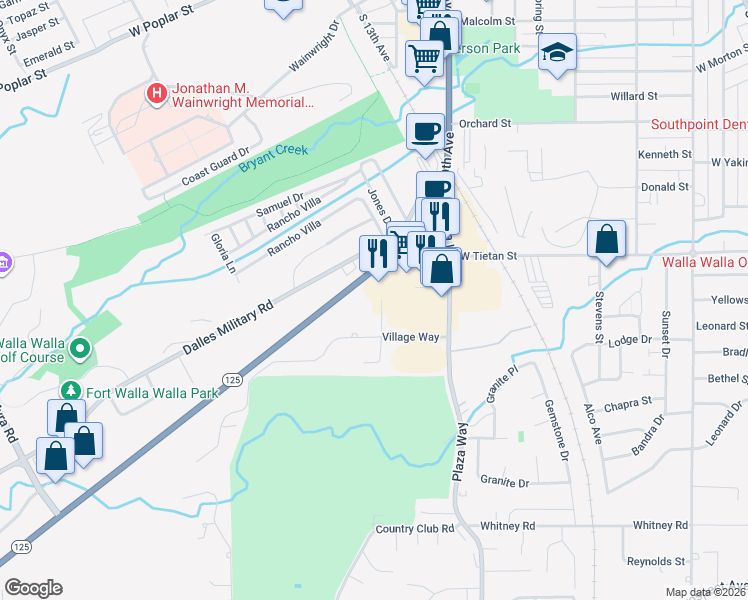 map of restaurants, bars, coffee shops, grocery stores, and more near 1706 Fairway Drive in Walla Walla