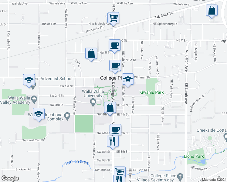 map of restaurants, bars, coffee shops, grocery stores, and more near 104 South College Avenue in College Place