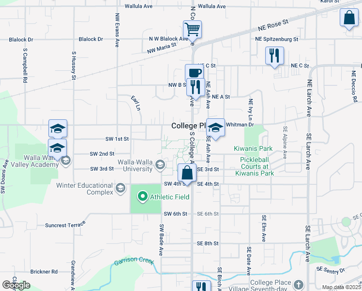map of restaurants, bars, coffee shops, grocery stores, and more near 104 South College Avenue in College Place