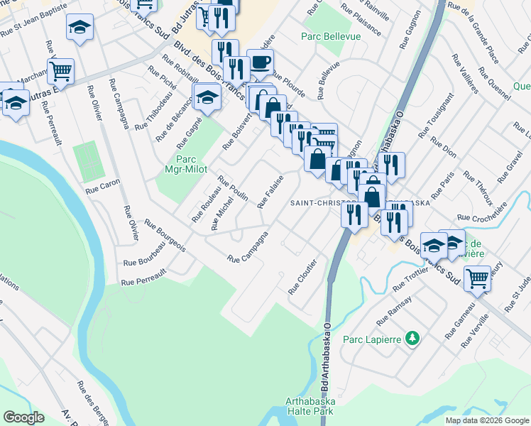 map of restaurants, bars, coffee shops, grocery stores, and more near 4 Rue Falaise in Victoriaville