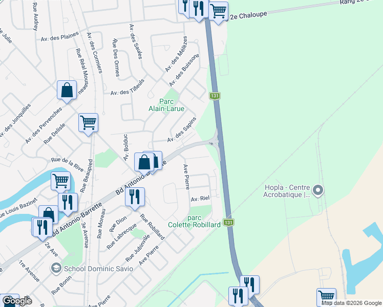 map of restaurants, bars, coffee shops, grocery stores, and more near 5 Rue Bruneau in Lanaudière