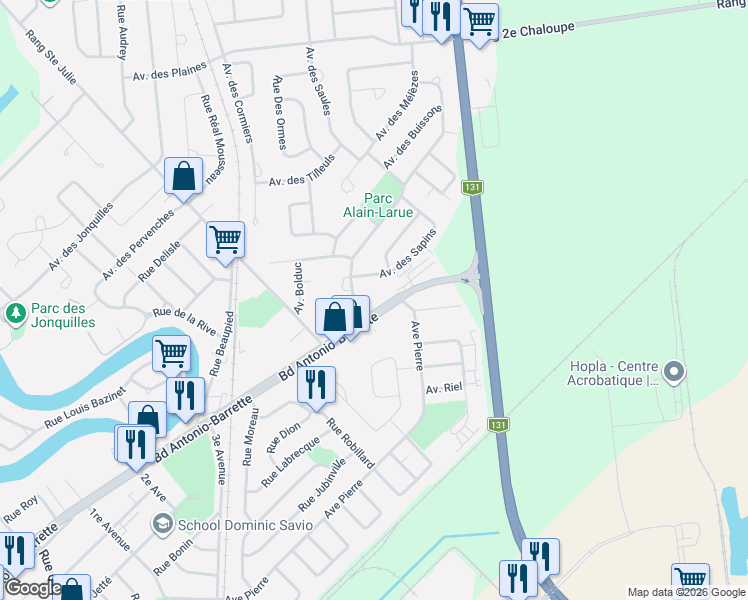 map of restaurants, bars, coffee shops, grocery stores, and more near 362 Boulevard Antonio-Barrette in Joliette