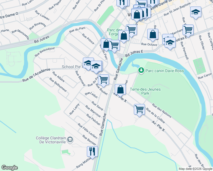 map of restaurants, bars, coffee shops, grocery stores, and more near 2 Rue Sainte-Victoire in Victoriaville