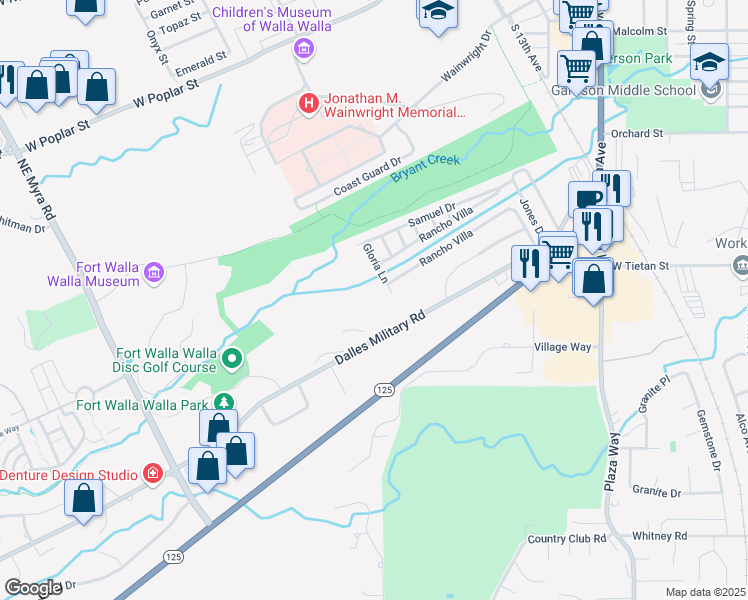 map of restaurants, bars, coffee shops, grocery stores, and more near 1400 Dalles Military Road in Walla Walla