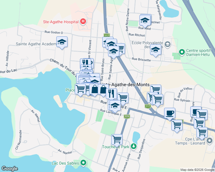 map of restaurants, bars, coffee shops, grocery stores, and more near 38 Rue Sainte-Agathe in Sainte-Agathe-des-Monts