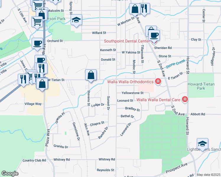 map of restaurants, bars, coffee shops, grocery stores, and more near 1611 Sunset Drive in Walla Walla