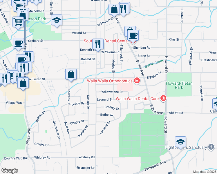 map of restaurants, bars, coffee shops, grocery stores, and more near 109 Winnebago Street in Walla Walla