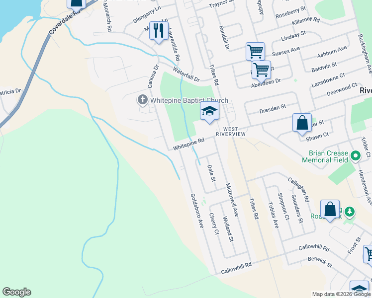 map of restaurants, bars, coffee shops, grocery stores, and more near 139 Whitepine Road in Riverview