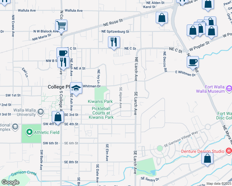 map of restaurants, bars, coffee shops, grocery stores, and more near 550 East Whitman Drive in College Place