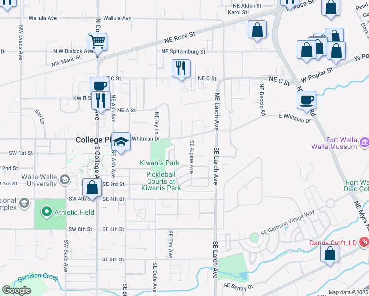 map of restaurants, bars, coffee shops, grocery stores, and more near 550 East Whitman Drive in College Place