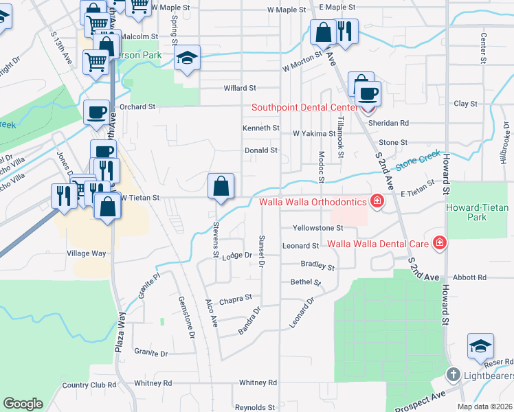 map of restaurants, bars, coffee shops, grocery stores, and more near 1516 Sunset Drive in Walla Walla