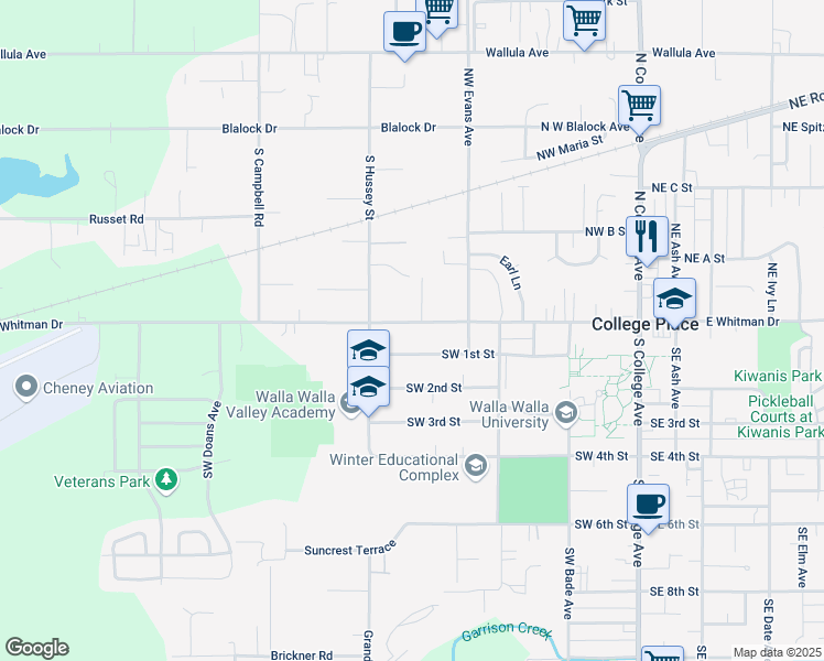 map of restaurants, bars, coffee shops, grocery stores, and more near 642 Southwest 1st Street in College Place