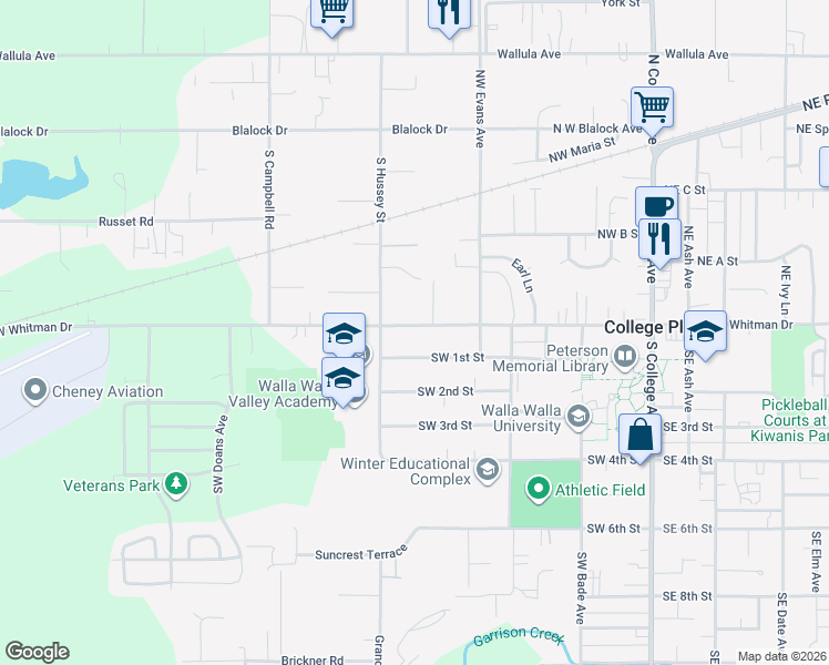 map of restaurants, bars, coffee shops, grocery stores, and more near 642 Southwest 1st Street in College Place