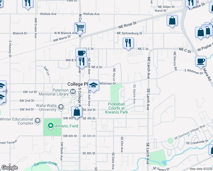 map of restaurants, bars, coffee shops, grocery stores, and more near 226 East Whitman Drive in College Place