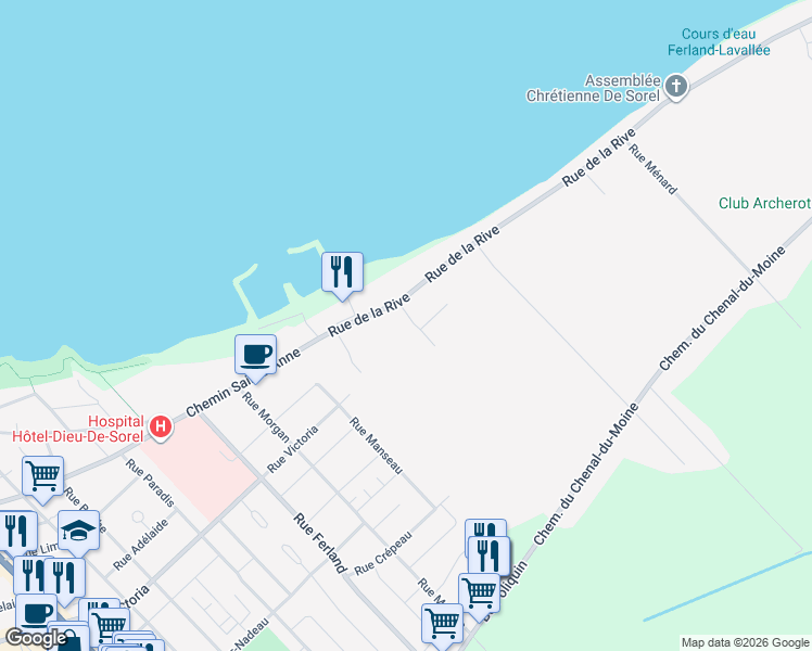 map of restaurants, bars, coffee shops, grocery stores, and more near 6 Rue Avelin Péloquin in Montérégie