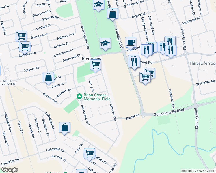 map of restaurants, bars, coffee shops, grocery stores, and more near 39 Lawson Avenue in Riverview