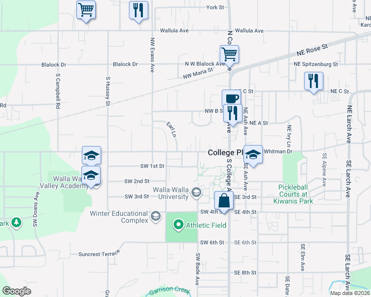 map of restaurants, bars, coffee shops, grocery stores, and more near 226 West Whitman Drive in College Place