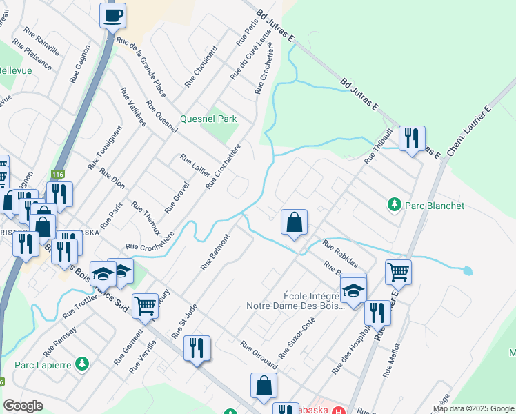 map of restaurants, bars, coffee shops, grocery stores, and more near 62 Rue Belmont in Victoriaville