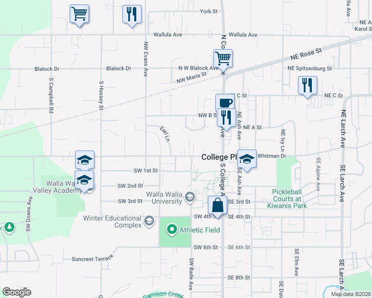 map of restaurants, bars, coffee shops, grocery stores, and more near 210 West Whitman Drive in College Place