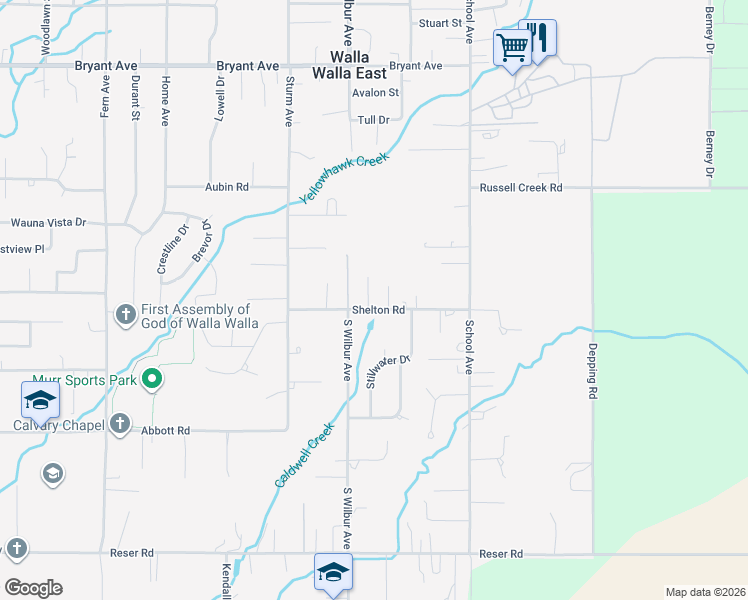 map of restaurants, bars, coffee shops, grocery stores, and more near 1563 Shelton Road in Walla Walla
