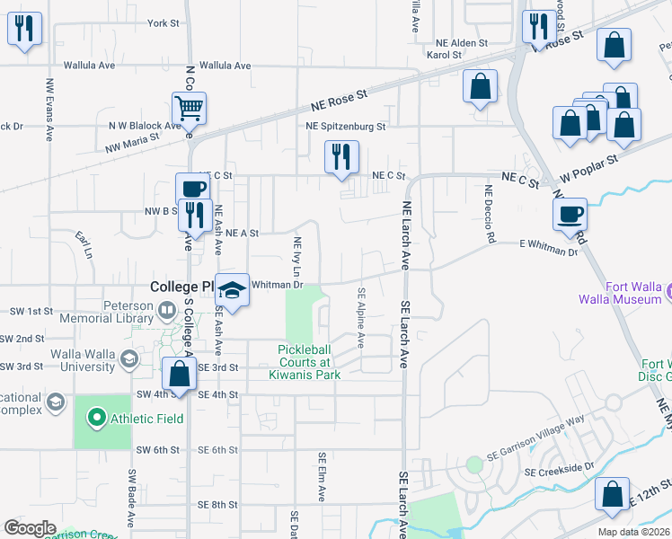 map of restaurants, bars, coffee shops, grocery stores, and more near 27 Mulberry in College Place