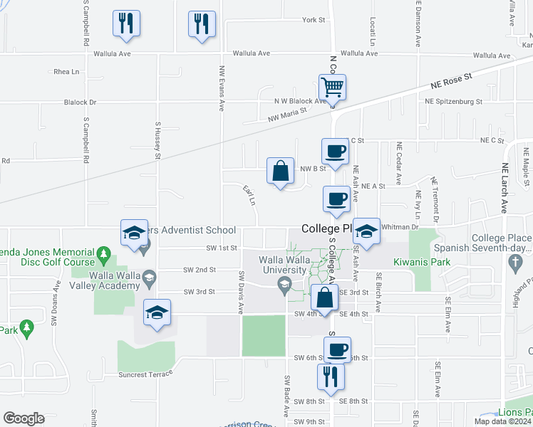 map of restaurants, bars, coffee shops, grocery stores, and more near 214 West Whitman Drive in College Place