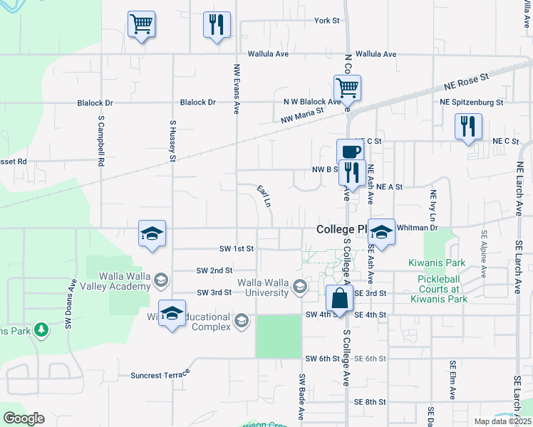 map of restaurants, bars, coffee shops, grocery stores, and more near 7 Earl Lane in College Place