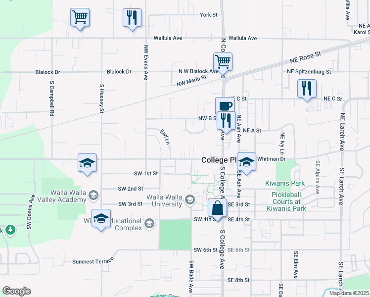 map of restaurants, bars, coffee shops, grocery stores, and more near 214 West Whitman Drive in College Place