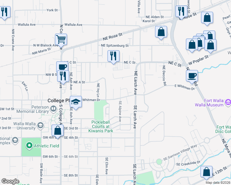 map of restaurants, bars, coffee shops, grocery stores, and more near 38 Mulberry in College Place