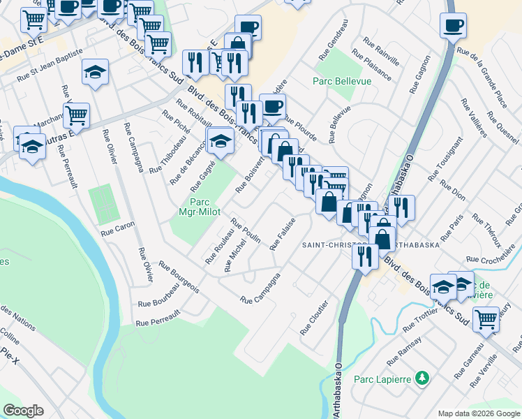 map of restaurants, bars, coffee shops, grocery stores, and more near 47 Rue Michel in Victoriaville