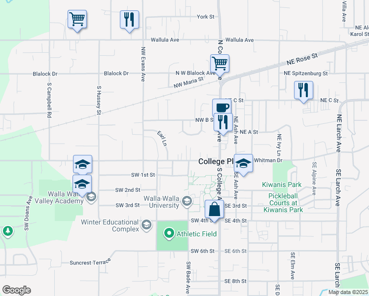map of restaurants, bars, coffee shops, grocery stores, and more near 214 West Whitman Drive in College Place