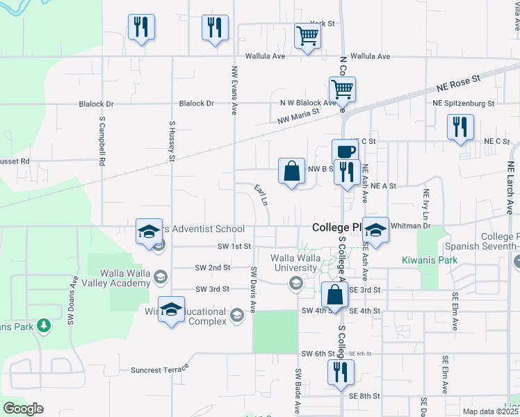 map of restaurants, bars, coffee shops, grocery stores, and more near 7 Earl Lane in College Place