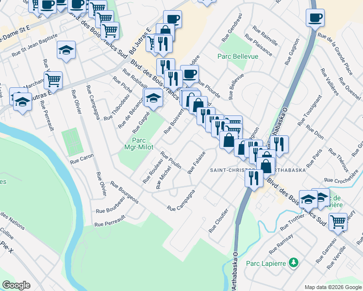 map of restaurants, bars, coffee shops, grocery stores, and more near 47 Rue Michel in Victoriaville