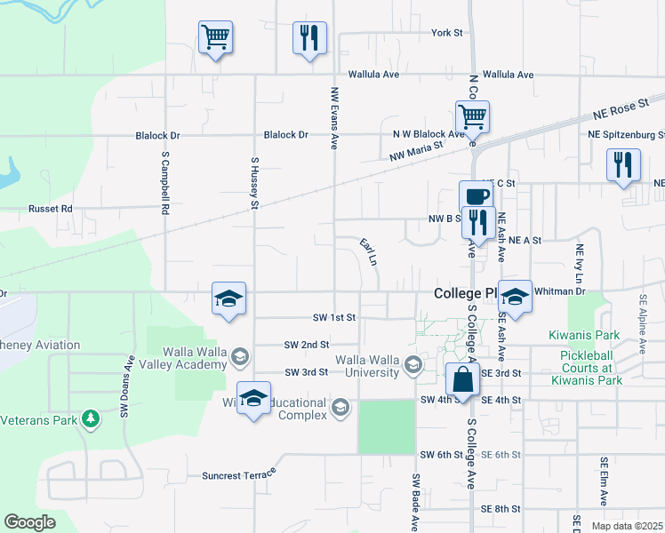 map of restaurants, bars, coffee shops, grocery stores, and more near 16 Northwest Evans Avenue in College Place