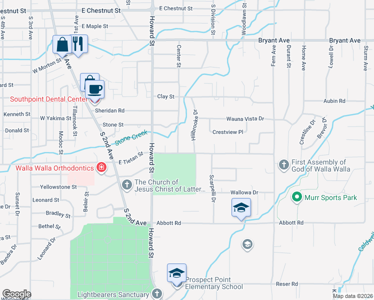 map of restaurants, bars, coffee shops, grocery stores, and more near 615 East Tietan Street in Walla Walla